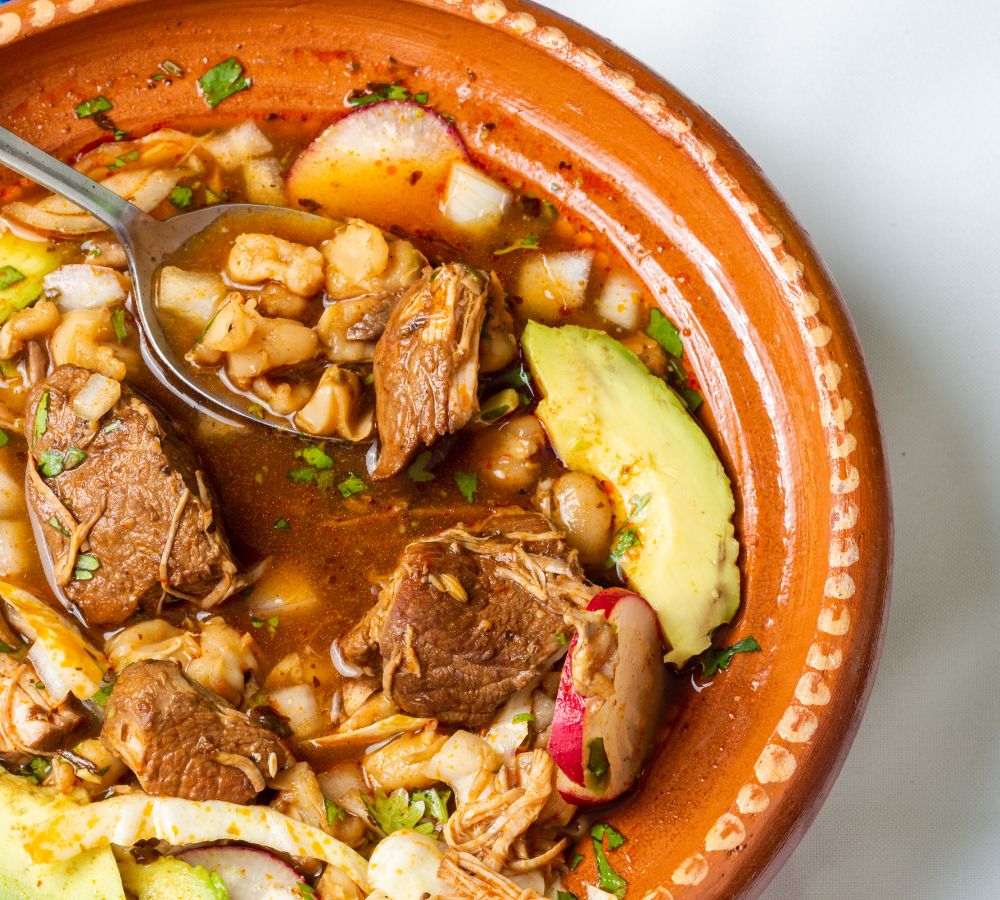 Red pozole, a traditional Mexican stew