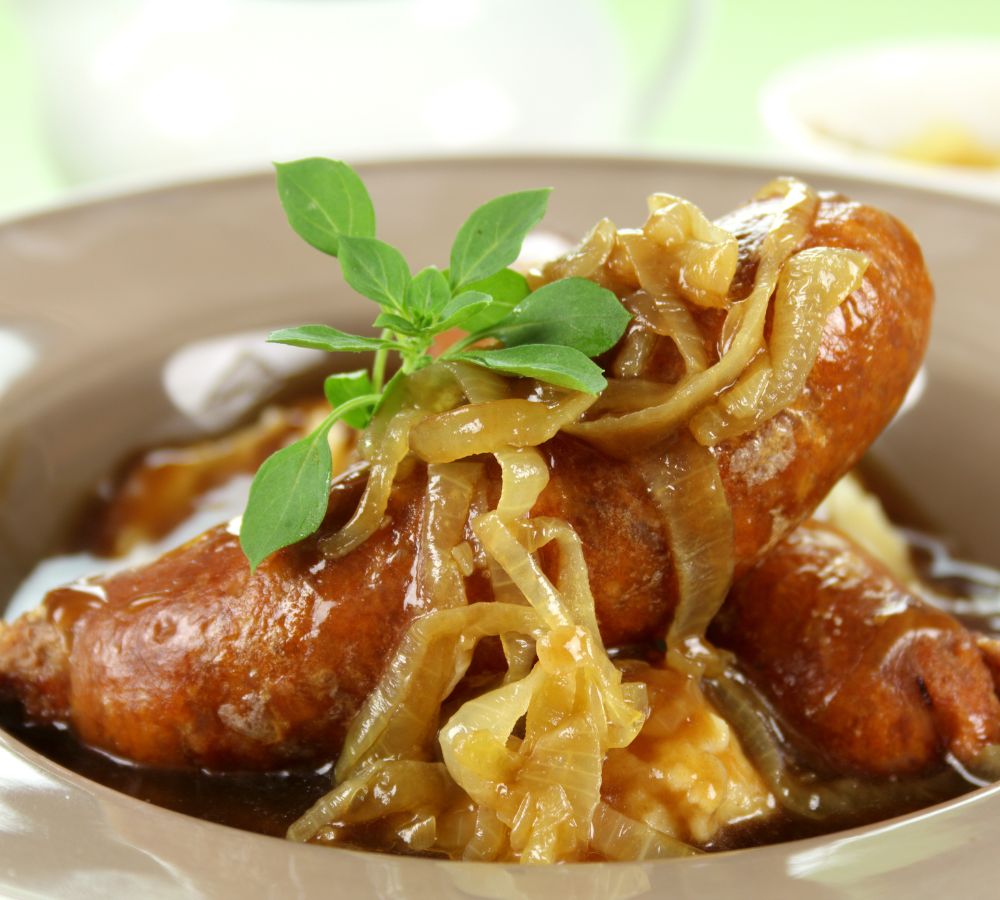 classic English meal of bangers and mash