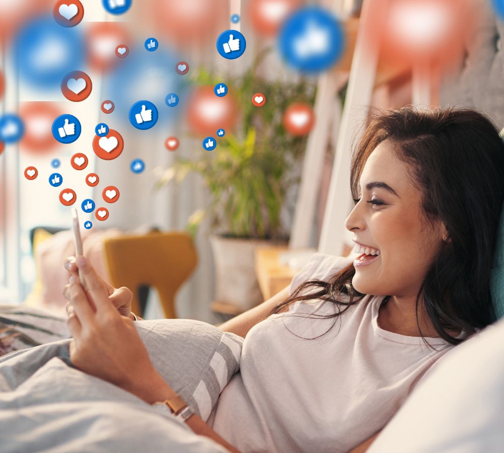 woman with phone for communication, text or online dating